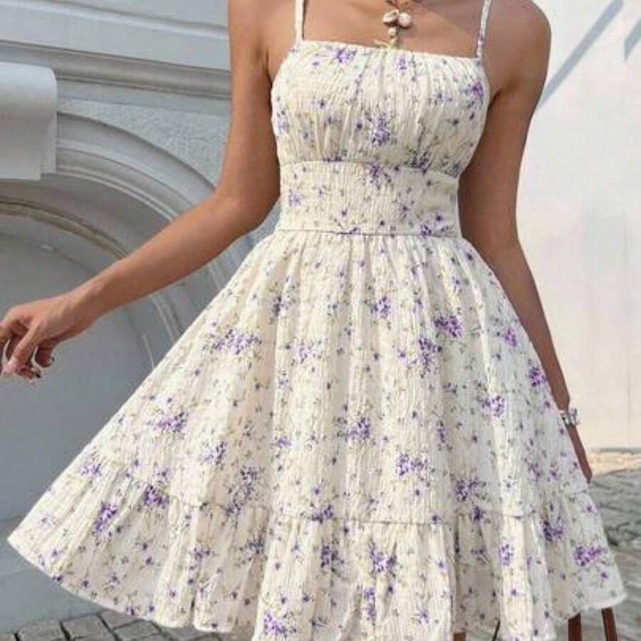 Women's Summer Holiday Ditsy Floral Print Ruffle Hem Spaghetti Strap Beach Dress,Bohemian Clothes Vacation Resort - Púrpura malva - Ver 1