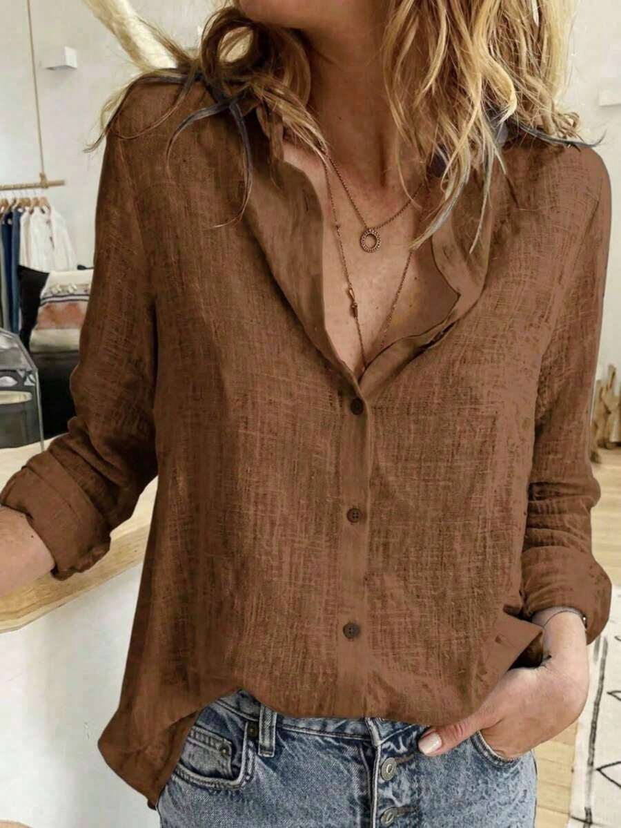 Camisa abotonada de color sólido, blusa elegante de manga larga con estampado floral y cuello, primavera - Marrón - Ver 1
