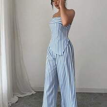 Women's Striped Asymmetric Hem Camisole Top And Wide Leg Pants Casual 2 Pieces Set - Negro - Ver 6