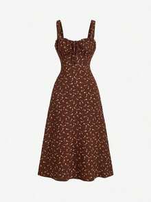 Vestido de longitud media con cintura fruncida y bordado floral para mujer - Marrón - Ver 5