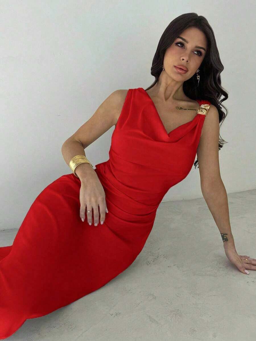 Vestido de mujer de cuello asimétrico blanco con volantes en la cintura, vestido elegante y sexy para ir al trabajo, de vacaciones, de moda y moderno, para primavera/verano, para ir al trabajo, elegante, sexy, de vacaciones, playa, Hawái, temporad - Rojo - Ver 1