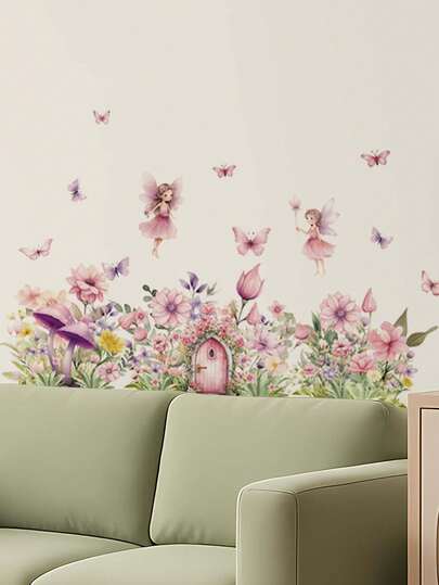 1 miếng dán tường hình bướm và hoa lá dễ thương màu hồng, có thể tháo rời, dùng trang trí phòng ngủ, phòng khách, phòng bé gái/trẻ em.