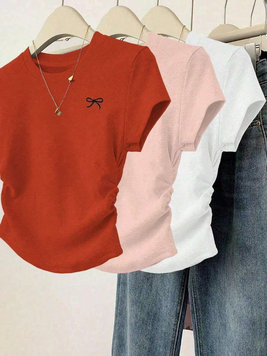 Set de 3 camisetas de mujer de manga corta, cuello redondo, unicolor, con detalle de volantes y estampado de mariposa, de estilo casual y slim para el verano - Multicolor 7 - Ver 1