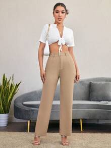 Pantalones rectos casuales lisos para mujer, para uso diario en otoño/invierno - Caqui - Ver 3
