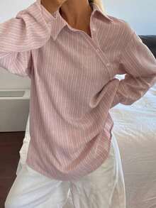 Camisa holgada de mujer con rayas y cuello de solapa - Rosa - Ver 3