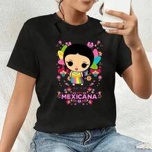con estampado de letras Mexicana y un diseño de chica de dibujos animados, camiseta de verano casual para mujer de manga corta - Negro - Ver 4