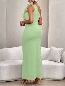 AIJ Vestido elegante de corte asimétrico con hombro descubierto, diseño fruncido y volantes, sin mangas, para mujer, unicolor, para fiestas, citas, fiestas de solteros, cenas formales o eventos de gala en otoño e invierno 2024 - Verde - Ver 4