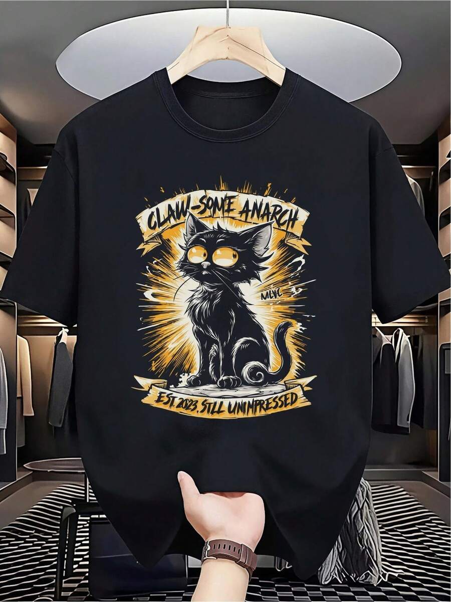 Camiseta Claw-Some Anarch Cat para Adultos - Camiseta Gráfica Negra con un Felino Feroz y el Lema Claw-Some Anarch, Diseño Retro Atrevido, Camiseta de Manga Corta de Ajuste Cómodo, Estampado Duradero, Ropa Casual, Regalo Perfecto para Amantes de los Gatos y Fanáticos de la Moda Alternativa - Negro - Ver 1