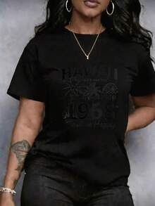 Women's Leopard Print T-Shirt Featuring A Palm Tree, Text, And Compass Rose. Short-Sleeved, Round Neck, Available In Plus Sizes. Pink, Retro Style, Stretchy Cut, Ideal For Casual Outings. Comfortable, Breathable, And Versatile. Round Neck Print For Casual Short-Sleeved Looks. - 黑色 - 查看 11