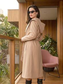 010# Women's Long Overcoat With 2 Pockets And Hood, Unlined, Elegant HBD-SBT-010 - khỏa thân - Xem 2