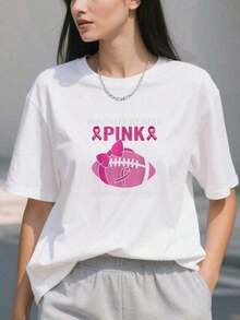 Camiseta de manga corta "En octubre usamos rosa" para la concientización sobre el cáncer de mama, camiseta casual para mujer, 100% algodón. - Blanco - Ver 3
