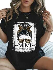 Women's Plus Size Fashion Clothing, Mimi Leopard Print, Granny Style Design, Casual Short Sleeve Printed Top, Casual Daily Sporty Vacation Outfit, Round Neck, 100% Cotton, Soft Fabric, Short Sleeve - 黑色 - 查看 5