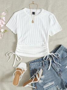 Camiseta tejida de canalé con fruncido lateral con cordón - Blanco - Ver 1