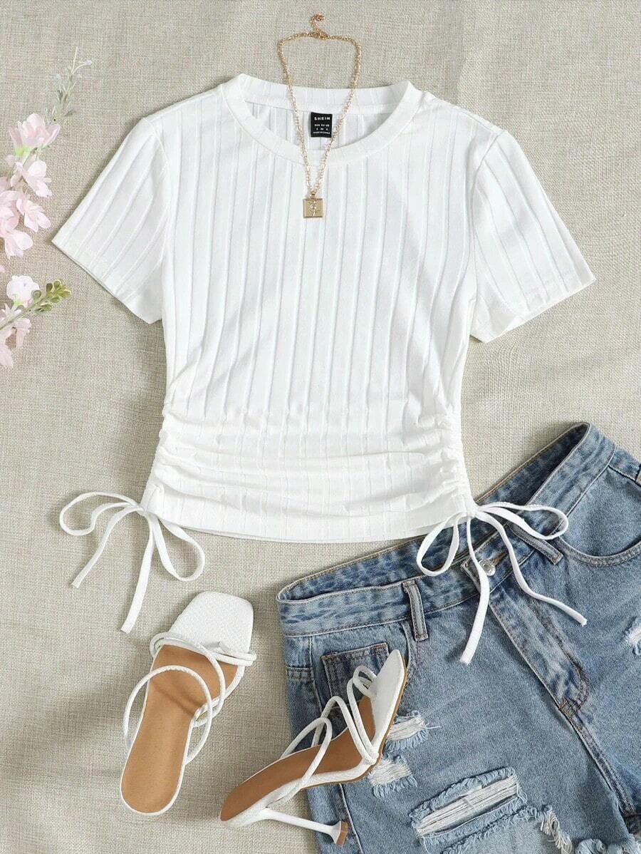 Camiseta tejida de canalé con fruncido lateral con cordón - Blanco - Ver 1