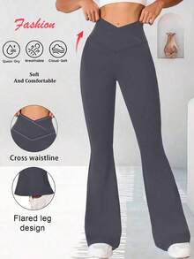 Pantalones acampanados con cintura cruzada para mujer, pantalones deportivos y de yoga de unicolor de poliéster de alta elasticidad, pantalones casuales largos con cintura cruzada, mallas ajustadas de unicolor para entrenamiento, pantalones de pierna ancha de tejido de punto adecuados para fitness y uso casual, negro, primavera - Gris Oscuro - Ver 2