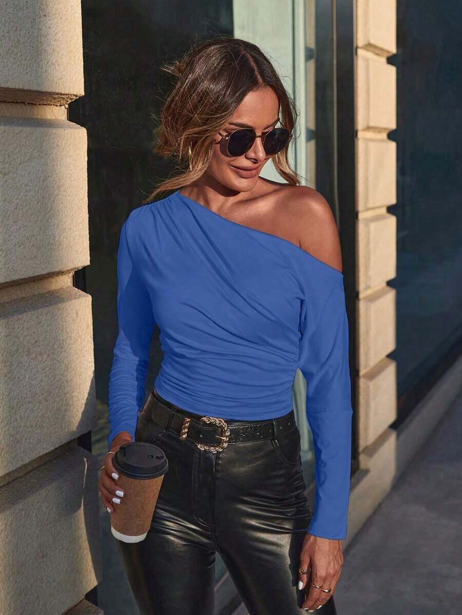 1 pieza Camisa de manga larga elegante de unicolor con cuello plisado asimétrico para ir al trabajo - azul real - Ver 1
