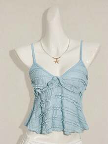 Blusa de tirantes de mujer con volantes de tela texturizada de unicolor para el verano y vacaciones - Azul - Ver 3