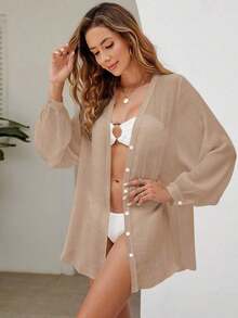 Holidaya Kimono unicolor con botón delantero - Caqui 2 - Ver 4