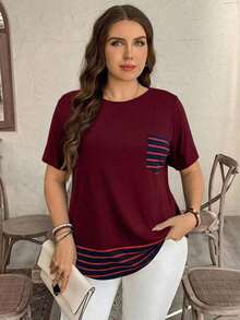 Camiseta casual de talla grande con bolsillo y rayas de contraste, prenda de vestir occidental estilo boho bohemio, top de festival de los 90, verano y primavera - Burdeos - Ver 5