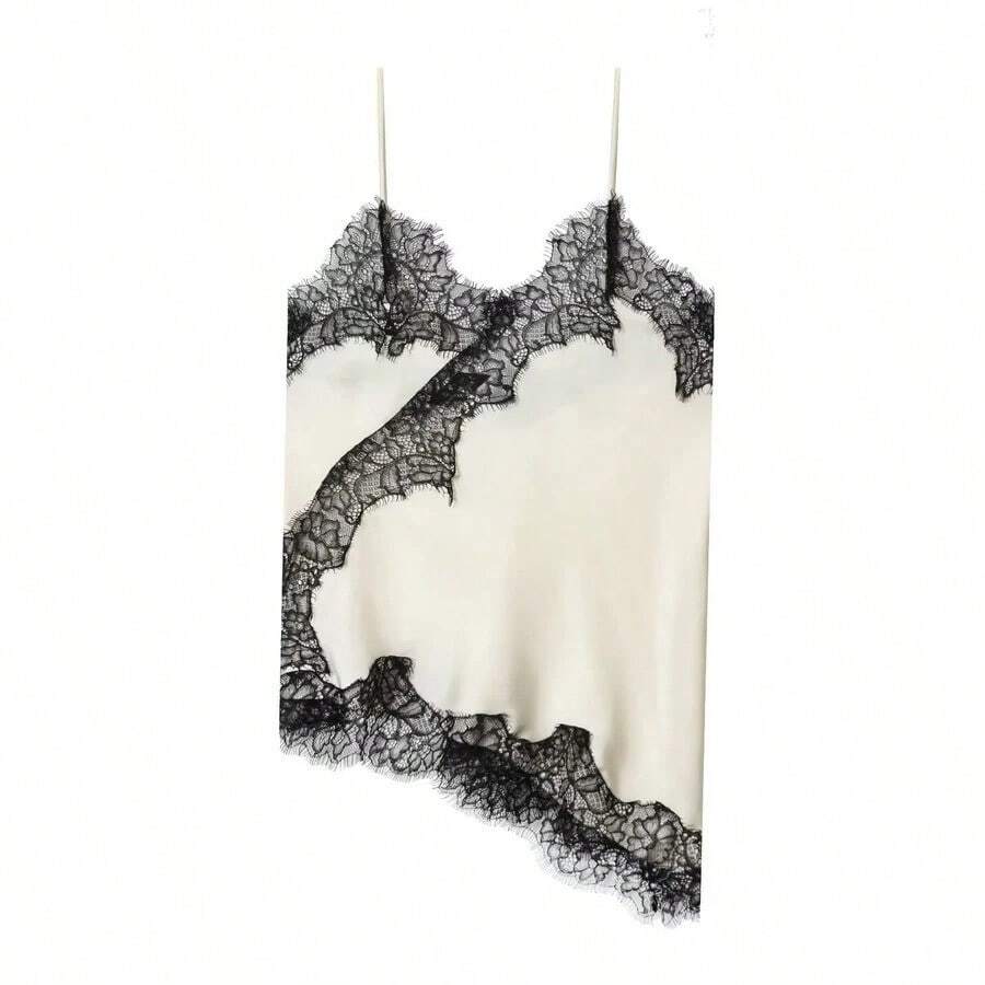 Seelio Nuevo Top de estilo lencería sexy con decoración de encaje, estilo europeo y americano, para mujer, color negro, para verano - Borde negro, fondo blanco - Ver 1