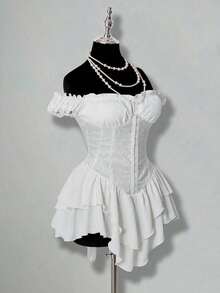 Vestido corto de gasa con volantes en el hombro, cintura fruncida y estampado jacquard para mujer, elegante para fiestas y uso casual - Blanco - Ver 8