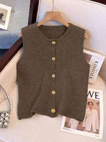 1 pieza Chaleco de punto de mujer minimalista de unicolor con botón de metal suave, parte superior casual versátil, suéter de moda de cuello redondo - Marrón 2 - Ver 8