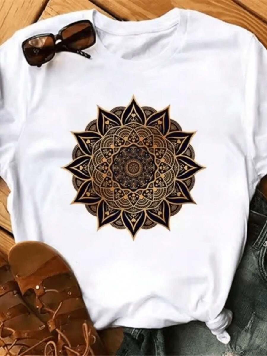 Camiseta negrara mujer con estampado gráfico de mandala estilo kawaii Maycaur New Females T-11 (2)