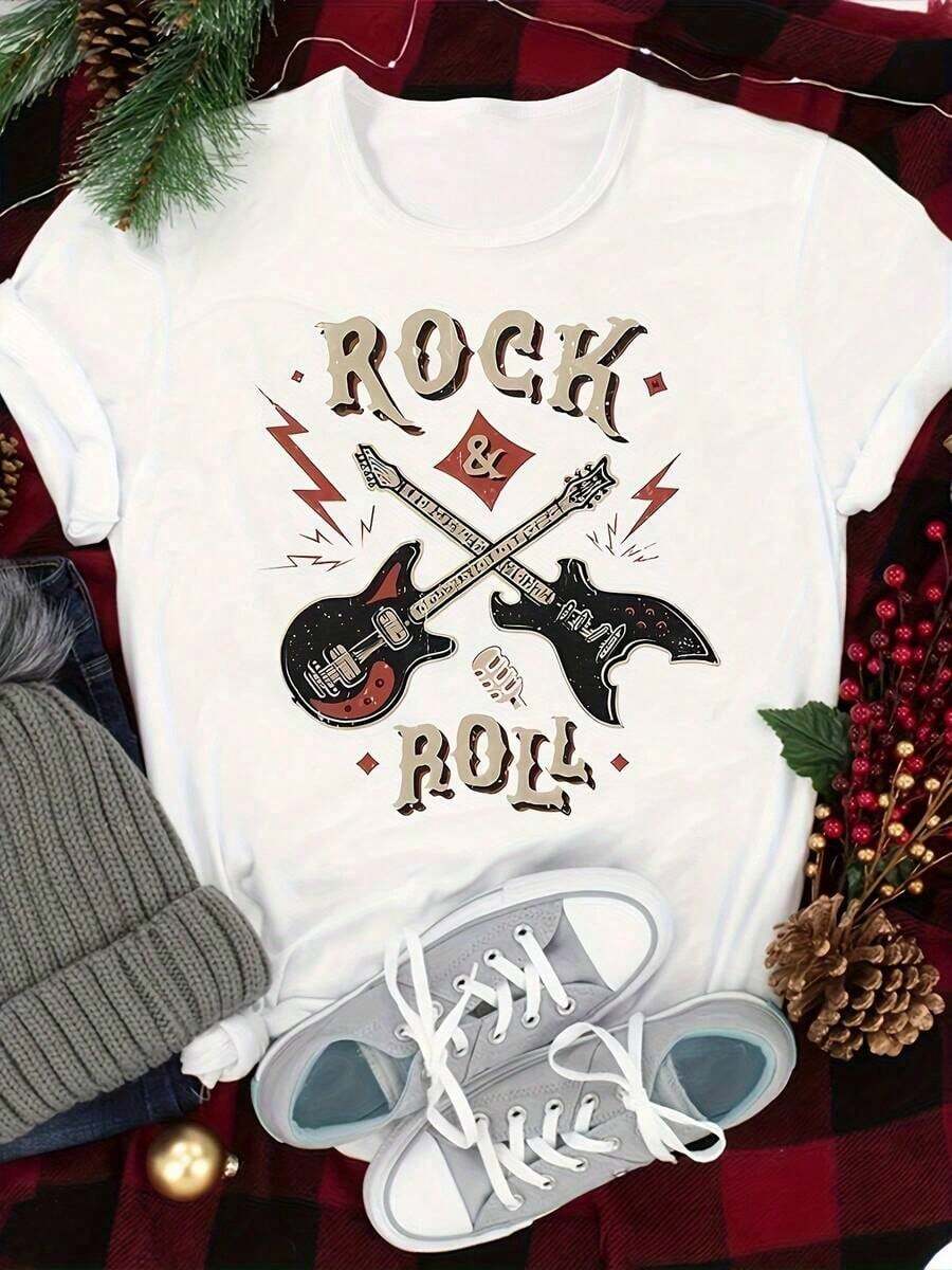 Camisetas De Calor Para MujerCamiseta De PatróN De Roca Para Mujeres - ImpresióN De Guitarra Retro Y ReláMpago, Cuello Redondo Suave Y EláStico, Manga Corta, Adecuada Para Festivales De MúSica De Primavera Y Verano, Ropa Casual, Lavable A MáQuina, Material De AlgodóN Puro, De Moda, Imprescindible Para Expertos, Regalo De CumpleañOs, Regalo De San ValentíN, Actividades Al Aire Libre Para Parejas, Uso Diario - Blanco - Ver 1