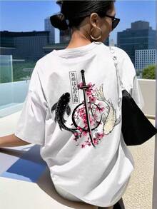 Casual T-Shirt Set. Single Garment Set, Not A 3-Piece Set. 1 Piece/Set Of Long-Sleeved T-Shirts Suitable For Streetwear. Oversized Crew Neck Top For Daily Outings, Camping, Concerts, Hip-Hop, Rock, And Rap Events. Regular Fit Casual T-Shirts With Japanese Koi Fish And Samurai Sword Graphics For Women In Summer. - 白色 - 查看 2