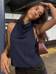Camiseta sin espalda de satén negro para mujer, Camiseta de tirantes para playa de verano para mujer, Camiseta de tirantes finos con hombros descubiertos de color rosa para mujer - Azul marino - Ver 5