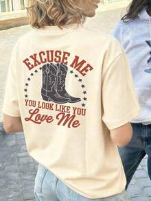 Camiseta vintage 100% para mujer, estilo punk suave y holgado, hecha de tela 100% algodón suave, estampada con el eslogan "EXCUSE ME YOU LOOK LIKE YOU LOVE ME" en rojo, llamativa y versátil, camiseta de manga corta estilo punk occidental americano, adecuada para salidas de fin de semana, fiestas temáticas de mezclilla y reuniones con amigos, ropa casual de verano para mujer, conjuntos de regalo para el Día de la Madre, ropa para la Copa del Mundo, ropa para fiestas de fútbol, ropa para días de juego, camiseta unisex de fútbol de EE. UU. de talla grande, ropa de verano para mujer. Moda - Albaricoque 2 - Ver 12
