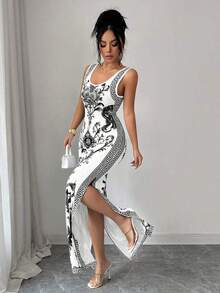 Exquisita bata de estilo retro de lujo con estampado de chinoiserie, cintura ceñida y abertura en el bajo, al estilo de Oriente Medio y los Emiratos Árabes Unidos - Negro - Ver 6