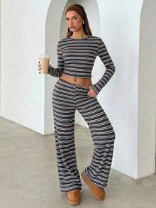 Conjunto de pijama informal para mujer de , incluye camiseta de manga larga con cuello redondo a rayas y pantalones rectos a rayas, adecuado para uso diario, deportes, otoño/invierno, ropa para el regreso a clases, conjunto de dos piezas a rayas marrones, para uso diario, oficina, salidas. - Marrón 2 - Ver 4