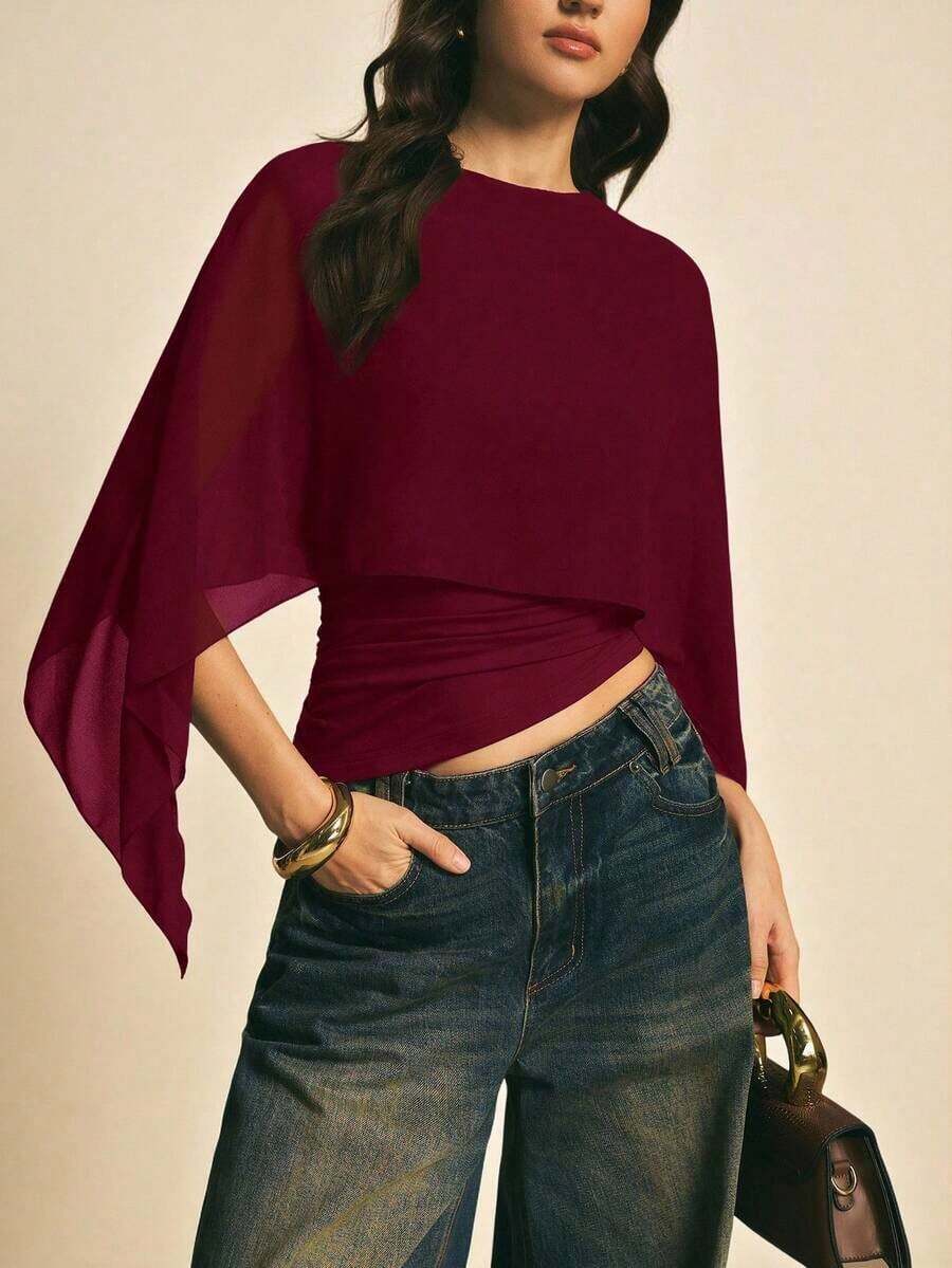 Blusa casual con cuello chal marrón para mujer, blusas elegantes para mujer, blusas casuales para mujer, apropiada para uso diario, salir, ir y venir en otoño/invierno, blusa de manga de murciélago, blusa marrón café, blusa marrón oscuro - Burdeos - Ver 1