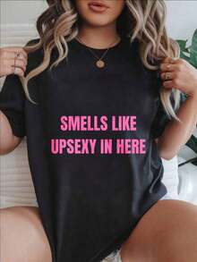 Women's Casual Short Sleeve T-Shirt - Smells Like Upsexy In Here, Round Neck, Summer Top, Machine Washable, Ladies' T-Shirts, Casual Wear, Modern Style, Comfortable Fit

Black - 黑色 - 查看 1