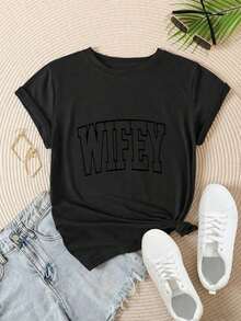 Women's Casual Short Sleeve T-Shirt - Grayish Black Text Outline On White T-Shirt, Round Neck, Summer Top, Machine Washable, Ladies' T-Shirts, Casual Wear, Modern Style, Comfortable Fit

-White - 黑色 - 查看 2