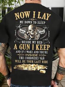 Camiseta de hombre con estampado de calaveras y letras - Diseño temático de armas "Now I Lay", camiseta de manga corta azul oscuro, adecuada para el verano al aire libre, camisa casual de cuello redondo con estampado. - Negro - Ver 7