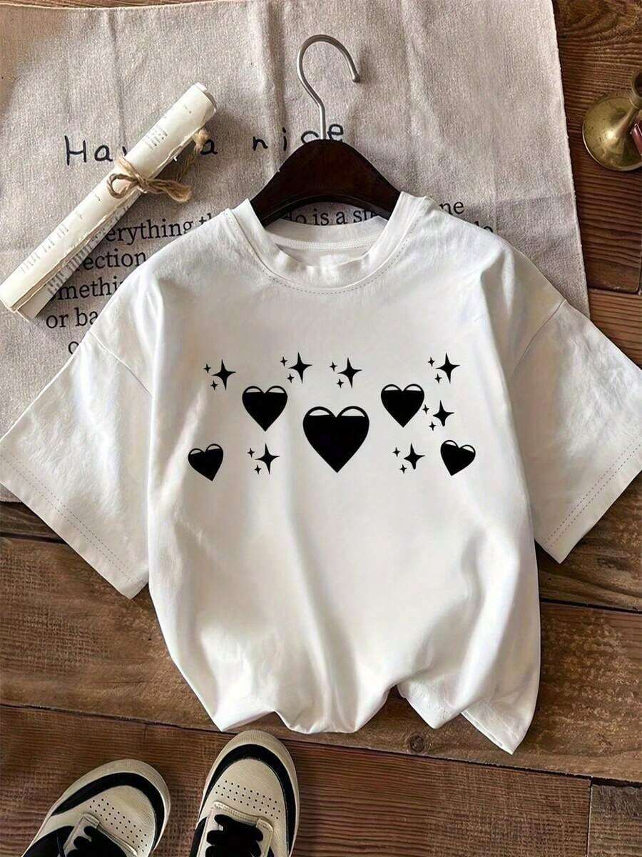 Camiseta con Estampado de Corazón y Estrella - Unisex, Corte Holgado - Camiseta de Algodón Cómoda de Estilo Vintage Urbano - Blanco - Ver 1