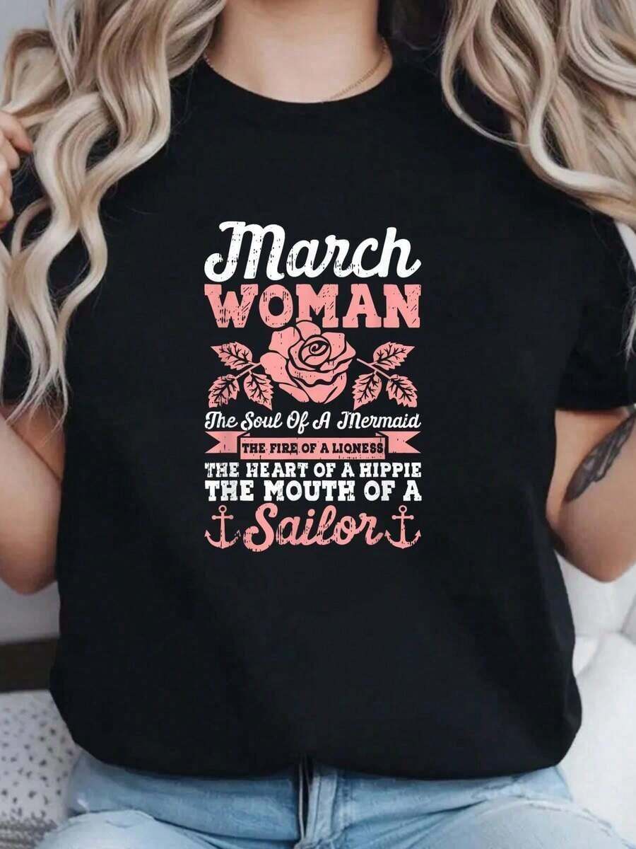 Altamente recomendado: Camiseta unisex 100% algodón, 1 pieza - Mujer de marzo, zodíaco Piscis, astrología, estilo hippie - Camiseta de mujer transpirable y cómoda con cuello redondo, 230g, fácil de combinar. - Negro - Ver 1