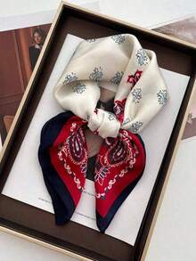 1pc Women's Retro Silk-Like Floral Square Scarf, Versatile, Fashion Neck Scarf Headband, Bag Accessory Dress - White and Red - View 2
