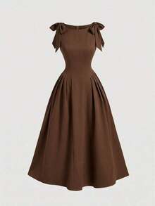 Vestido color albaricoque con cuello redondo, sin mangas, con ribete de contraste, lazo decorativo en la cintura y bajo acampanado - Café integral - Ver 6