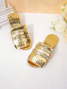Girl's Retro-Style Rhinestone Fringe Slides, Versatile Outdoor Beach Shoes For Summer - Gold - View 4
