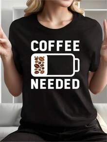Women's Funny Graphic T-Shirt For Coffee Lovers - Soft And Breathable Crew Neck T-Shirt With Battery Icon And Coffee Bean Design, "I Need Coffee" Slogan, Casual Wear, Office And Travel Essential, Women's Short Sleeve Black T-Shirt, Women's Activewear - 黑色 - 查看 6