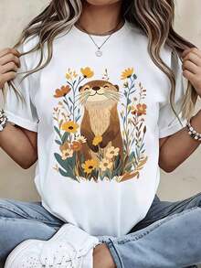 Modern And Minimalist Women's T-Shirt With Otter Floral Print, Casual Summer Clothing For Nature Lovers, Outdoor Activities And Everyday Casual Style - 白色 - 查看 1
