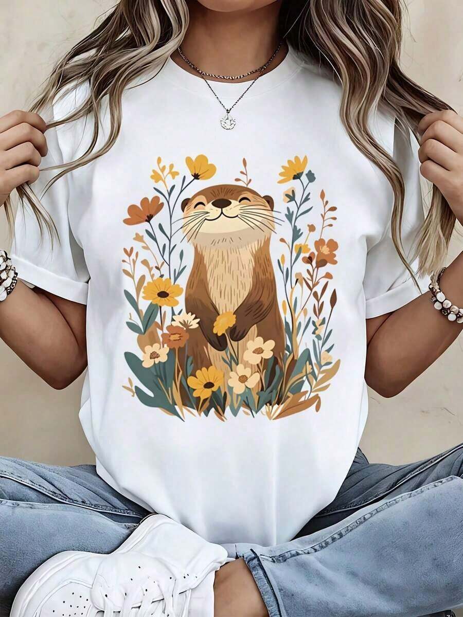 Modern And Minimalist Women's T-Shirt With Otter Floral Print, Casual Summer Clothing For Nature Lovers, Outdoor Activities And Everyday Casual Style - 白色 - 查看 1