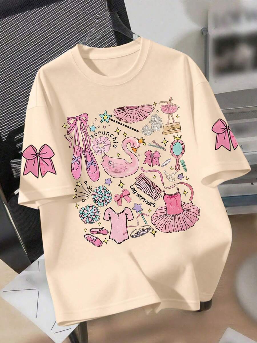 Girls' Ballet Element Bow Print Round Neck T-Shirt, Casual Soft Top For Summer - Apricot - View 1