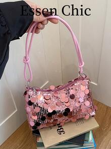 1pc Pink Sequin Crescent Shaped PVC Shoulder Bag For Women - Pink - View 8
