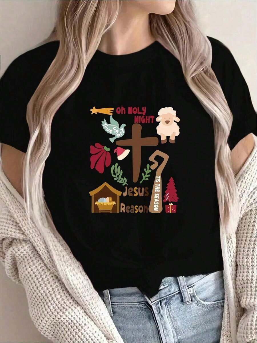 SimpieAndVersatileDesign[Recomendación de Nueva Llegada] Camiseta estampada con temática navideña, ropa casual para mujer, ideal para vacaciones, manga corta con cuello redondo, primavera/verano, lavable a máquina, ropa nueva para mujer, versátil para salir, efecto adelgazante, camiseta deportiva para mujer, camiseta casual para mujer. Camiseta de algodón - Negro - Ver 1