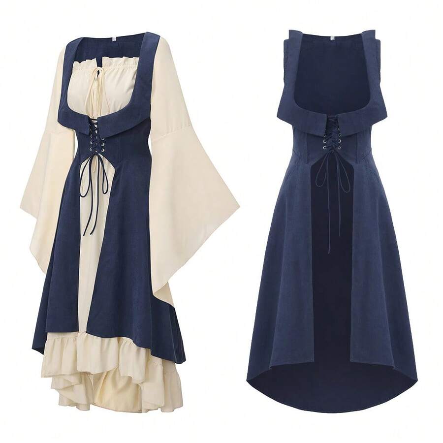 Halloween Medieval Court Dress With Shawl And Straps, Long Sleeves With Drawstring And Ruffles, Two-Piece Set - Dark Blue - View 1