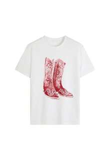Camiseta de gran tamaño con estampado gráfico de botas de vaquera para mujer, nueva camiseta casual de manga corta con cuello redondo y corte holgado de 2026, estilo estético de vaquera retro, top cómodo y transpirable, perfecta para festivales de música country, vacaciones, ropa urbana, regreso a clases, días festivos, rodeo y uso diario casual. L5TP - Blanco - Ver 2